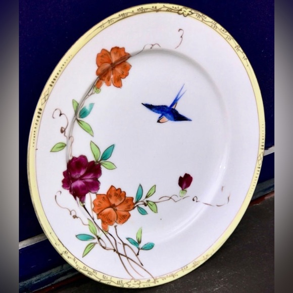 Early 1900s Antique HAND PAINTED NIPPON  Gold Trim Floral Bird Salad Plate - Picture 6 of 10